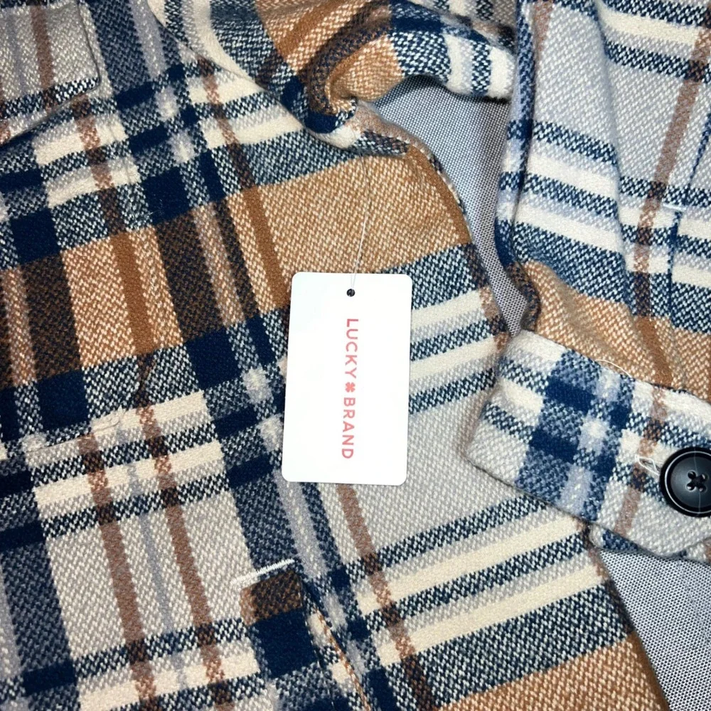 NWT Lucky Brand Plaid Shirt Jacket Shacket Tan‎ Navy Blue Mens Large 7WD3349
